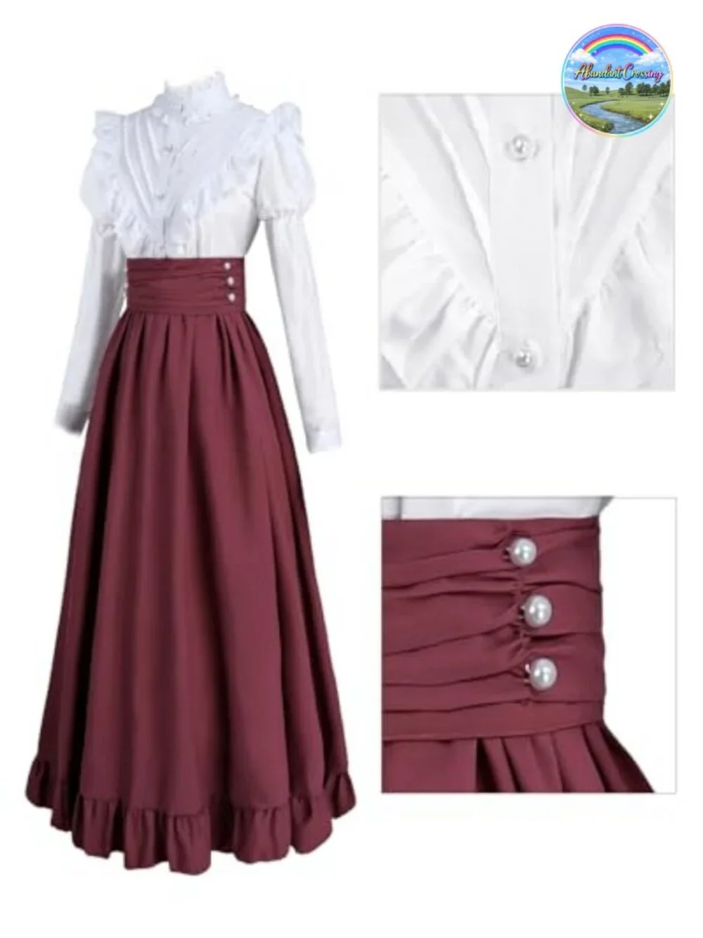 Victorian 2-Piece Dress Set Ruffled Ball Gown Blouse Skirt Belt Costume